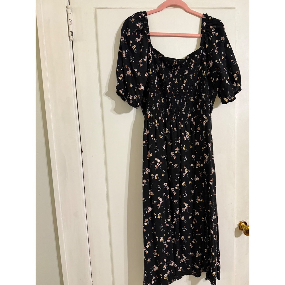 Maurices Black Floral Smocked Midi Dress Short Puff Sleeve Square Neck XXL